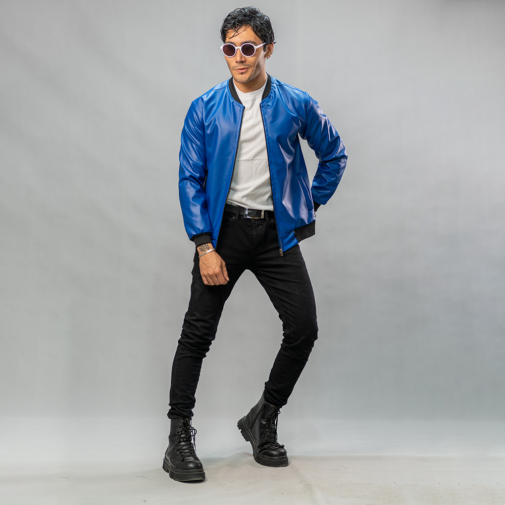 کاپشن چرم خلبانی Rockey آبی